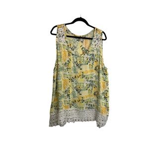 Cato Est 1946 Yellow Floral Sleeveless Crochet Hem Flowy Top Blouse Womens 26/28